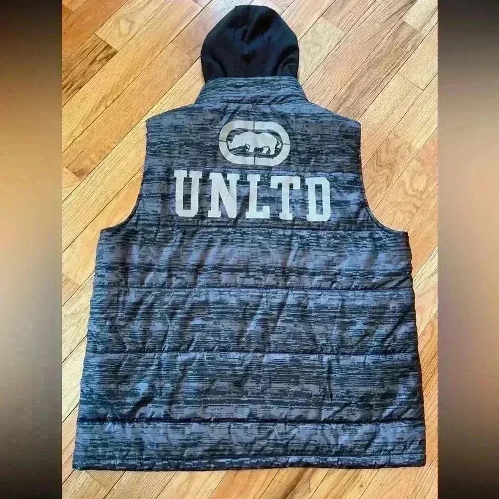 Ecko Unltd Hoodie Puffer Vest Mens Size XXL Zip Closure Pocket Gray Camo Print